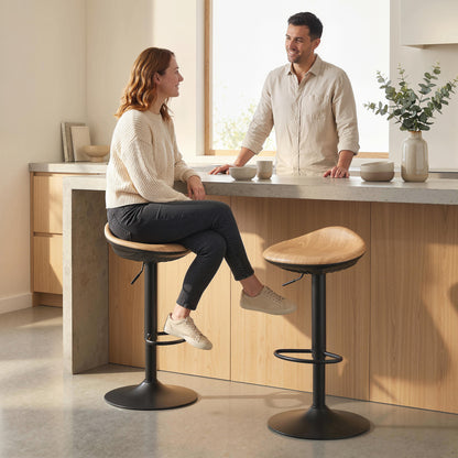 Set of 2 Barstools PU Leather Kitchen Stools with Saddle Seat Height Adjustable Swivel Kitchen Chairs with Footrest Oak