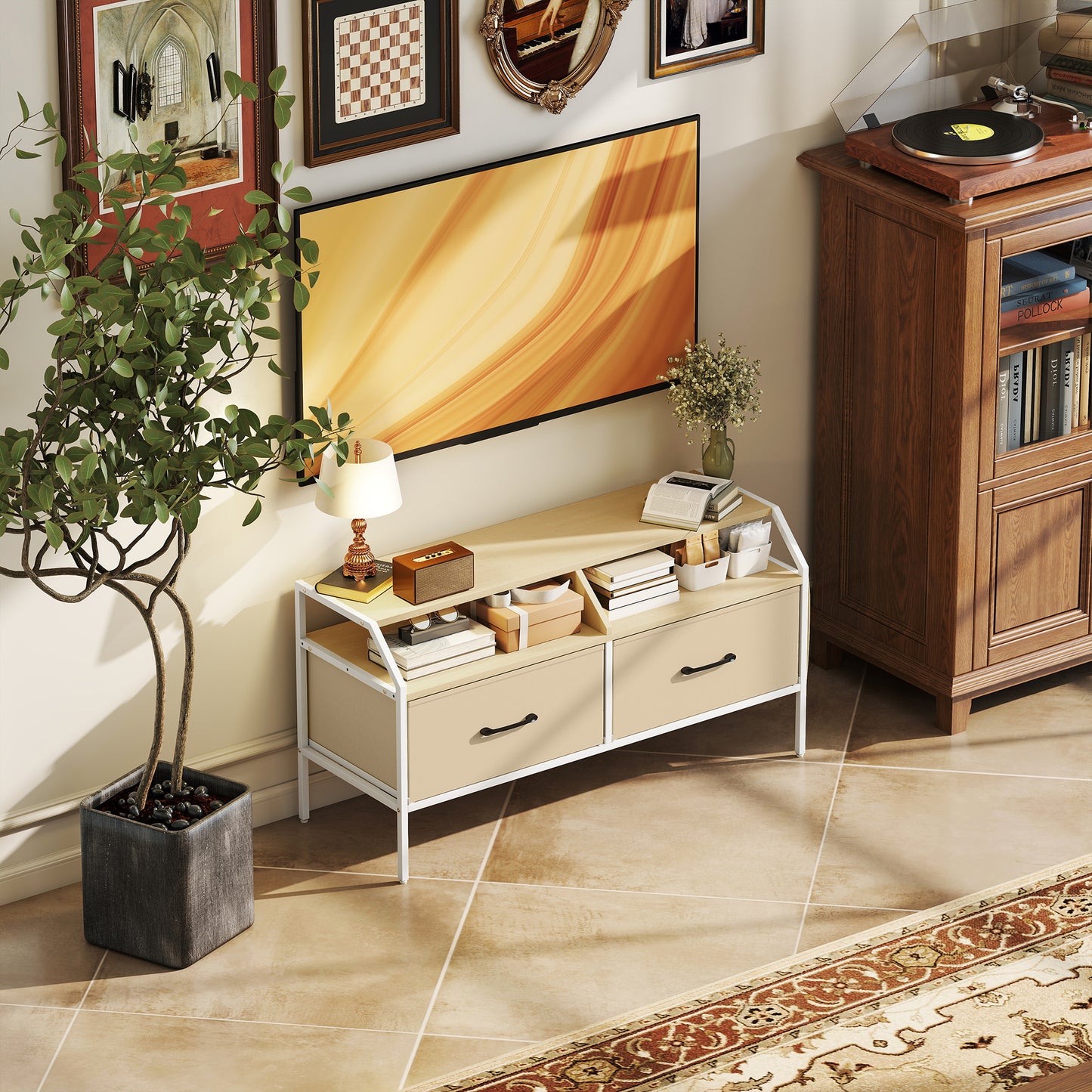 Industrial-Style TV Stand Cabinet - Natural Wood Finish