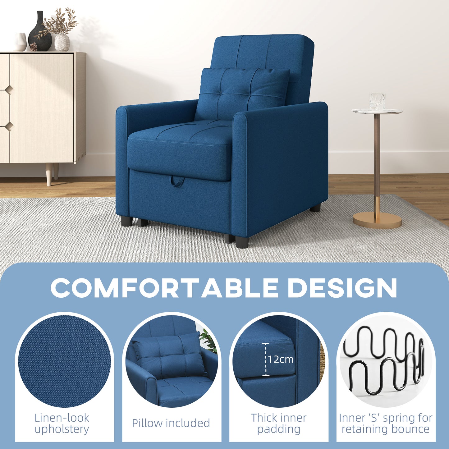Linen-Look Single Chair Bed with Thick Padding - Blue
