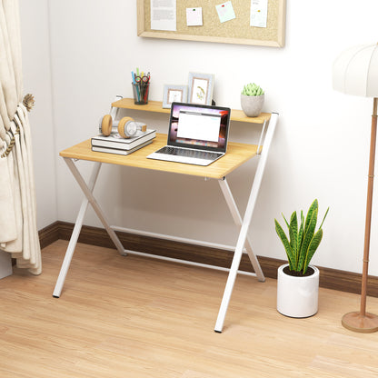 Compact Folding Desk for Small Spaces, Foldable Computer Desk with Storage Shelf for Home Office, 2-Tier Study Writing Table