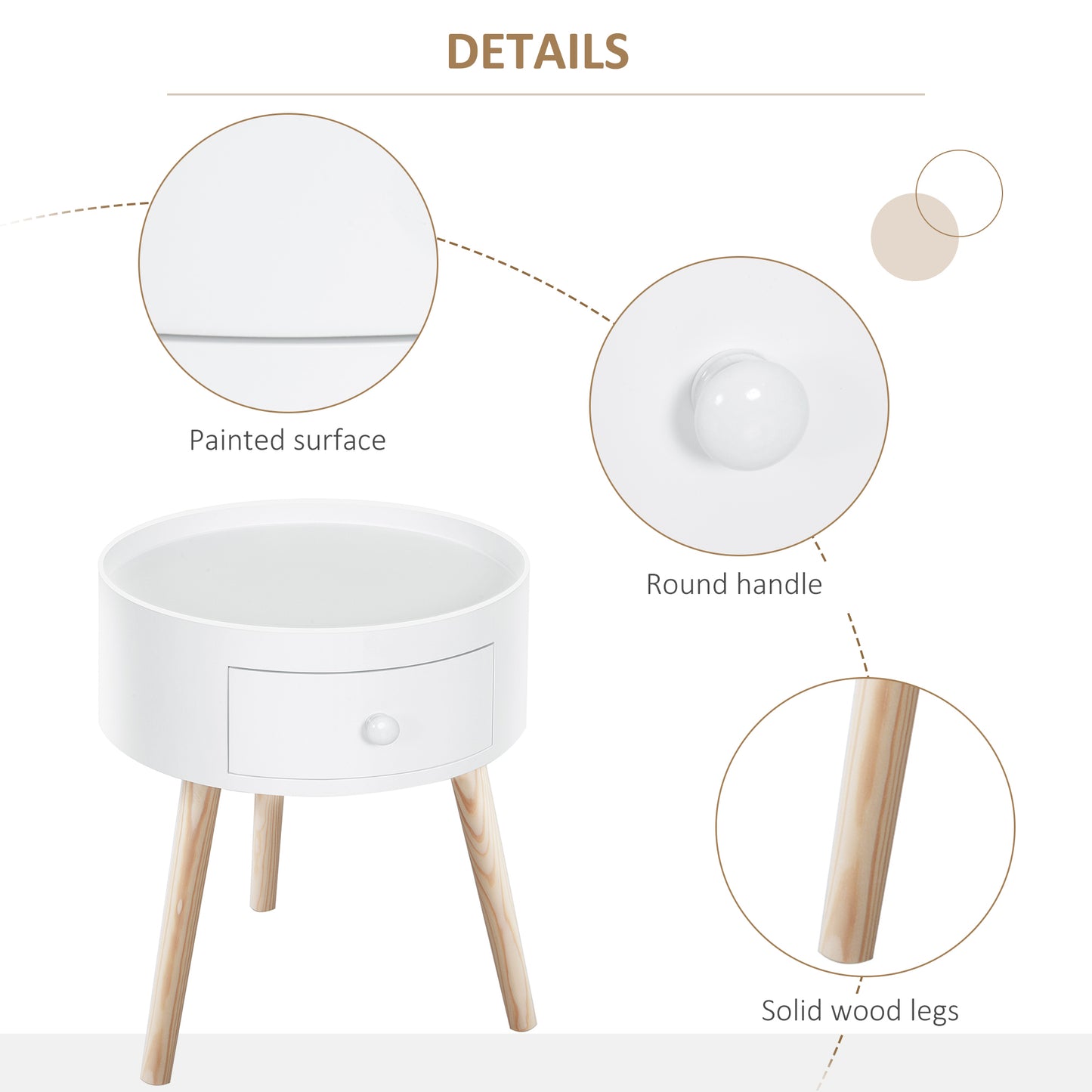 Modern Side Table, Small Coffee Table, Round Bedside Table with Drawer and Wood Legs for Living Room, Bedroom, White