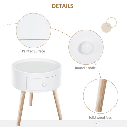Modern Side Table, Small Coffee Table, Round Bedside Table with Drawer and Wood Legs for Living Room, Bedroom, White