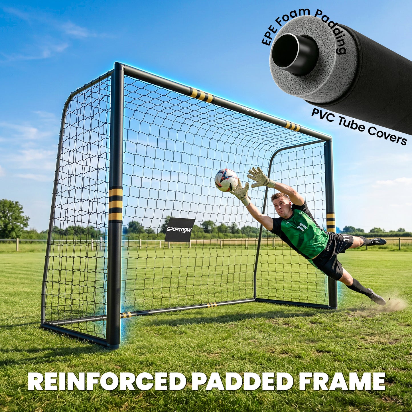Football Goal, 10 x 6.5ft Football Net with Ground Stakes, EPE Foam Padding and Metal Frame, Easy Assembly, Yellow