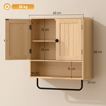 Bathroom Cabinet Wall Mounted, Bathroom Wall Cabinet with 2 Doors, Adjustable Shelf Storage for Toilet, Oak