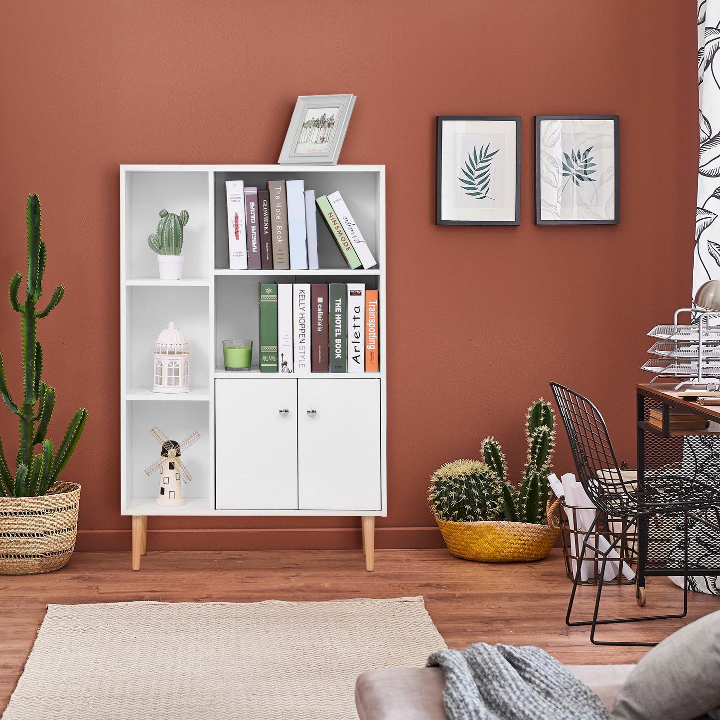 Sideboard Storage Cabinet Cupboard, Open Bookcase with 2 Doors 5 Compartments Wooden Modern Style for Living Room Bedroom Kit