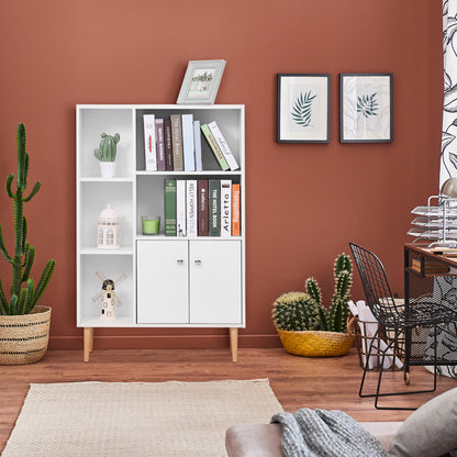Sideboard Storage Cabinet Cupboard, Open Bookcase with 2 Doors 5 Compartments Wooden Modern Style for Living Room Bedroom Kit