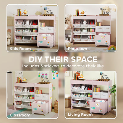 Kids Toy Storage Unit with 11 Bins, Cabinet, Top Shelves, 3 Stickers, for Nursery, Playroom, Pink