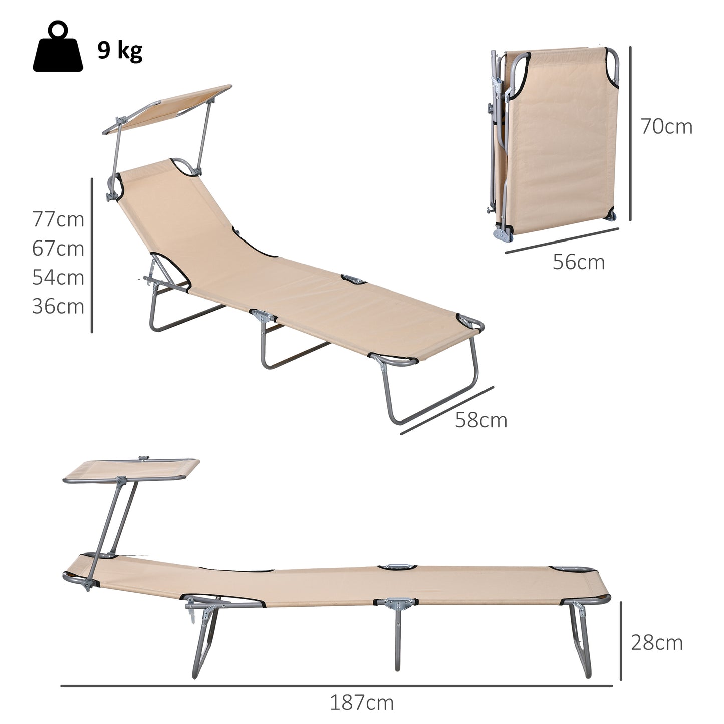 Folding Sun Lounger Set of 2 with Canopy, Reclining Sunbed with 4-Position Adjustable Backrest, 600D Oxford Cloth