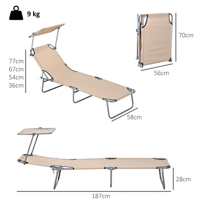 Folding Sun Lounger Set of 2 with Canopy, Reclining Sunbed with 4-Position Adjustable Backrest, 600D Oxford Cloth