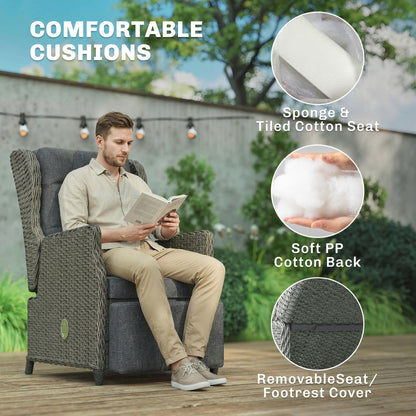Rattan Garden Recliner Chair, Reclining Garden Chair with Adjustable Back and Footrest, Flip Table, Cushion, Dark Grey