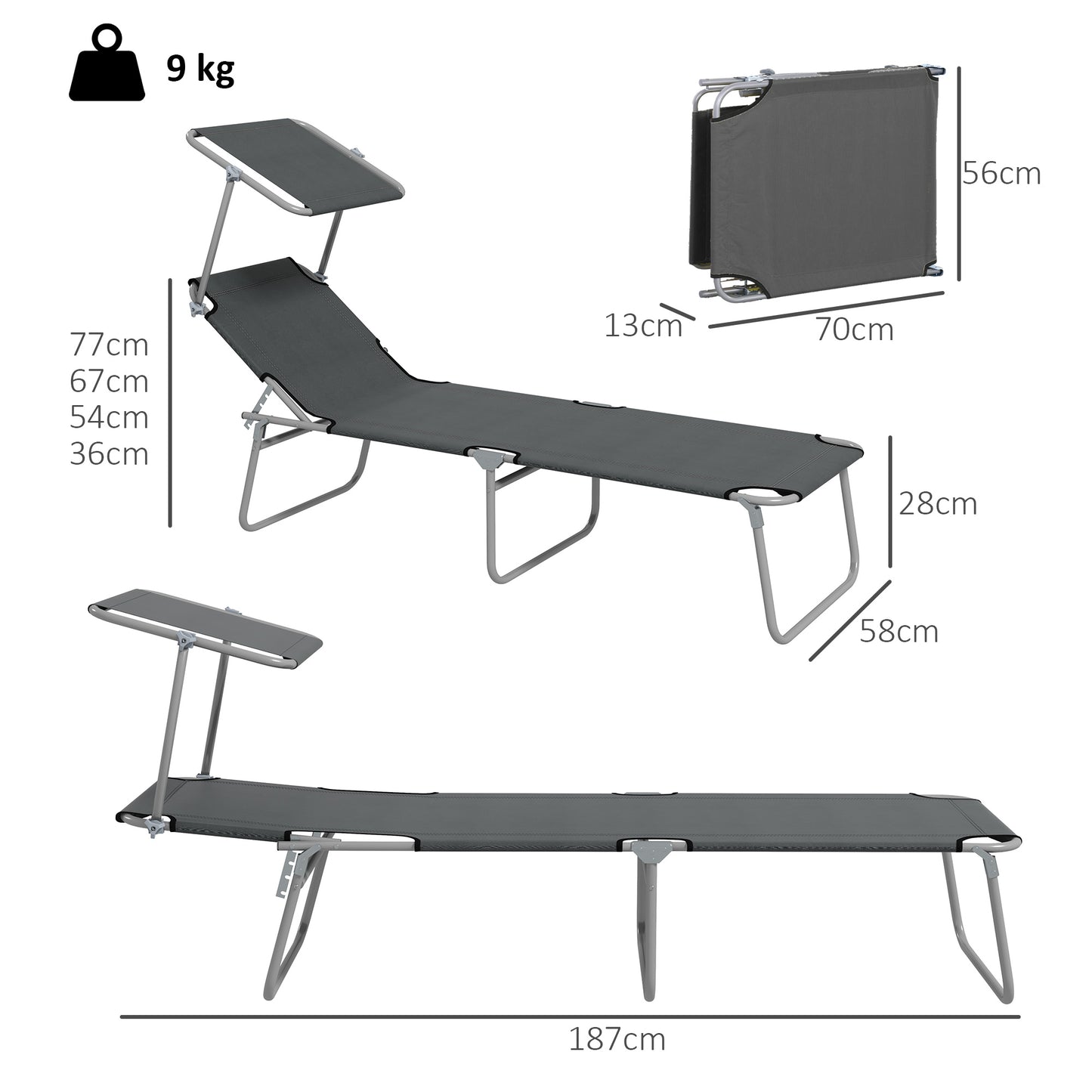 Folding Sun Lounger Set of 2 with Canopy, Reclining Sunbed with 4-Position Adjustable Backrest, 600D Oxford Cloth