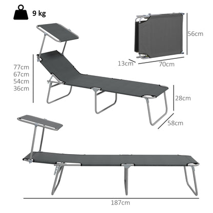Folding Sun Lounger Set of 2 with Canopy, Reclining Sunbed with 4-Position Adjustable Backrest, 600D Oxford Cloth