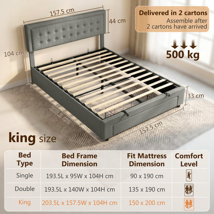 PU Leather King Size Ottoman Bed Frame, with Front Drawer - Grey