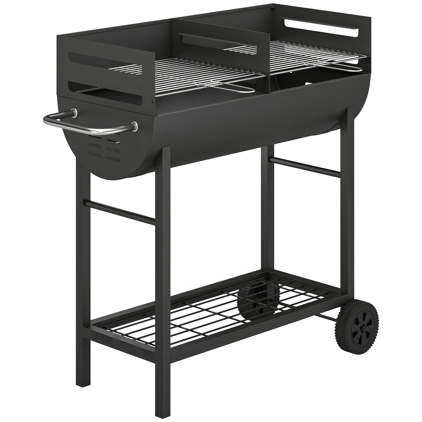 Charcoal Barbecue Grill with 2 Cooking Areas, Portable BBQ Trolley with Wheels, Height Adjustable Grates, Bottom Shelf
