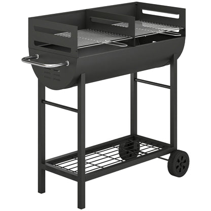 Charcoal Barbecue Grill with 2 Cooking Areas, Portable BBQ Trolley with Wheels, Height Adjustable Grates, Bottom Shelf