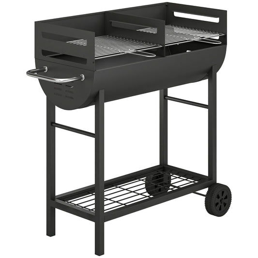 Charcoal Barbecue Grill with 2 Cooking Areas, Portable BBQ Trolley with Wheels, Height Adjustable Grates, Bottom Shelf