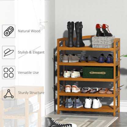 5-Tier Shoe Rack, Acacia Wooden Shoe Storage Organiser with Hangers, Holds up to 19 Pairs, for Entryway, Living Room