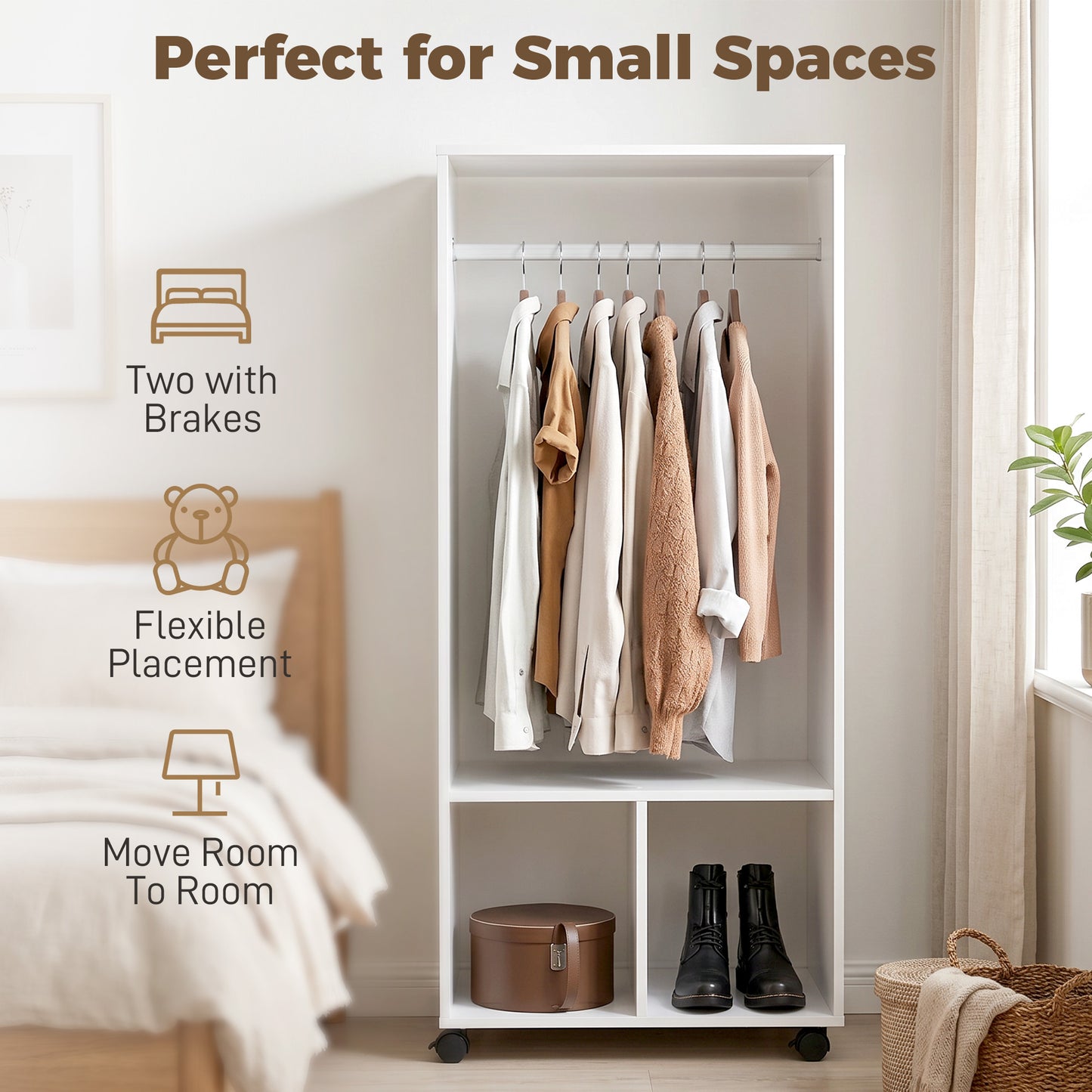 Open Wardrobe on Wheels, Bedroom Wardrobe with Clothes Hanging Rail, 2 Storage Shelves, Mobile Garment Rack for Cloakroom