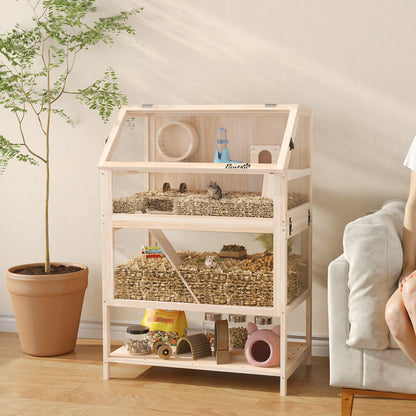 Wooden Hamster Cage with Detachable Lower Floor, Storage Shelf, Hut, Seesaw, Exercise Wheel, Ramps for Hamster