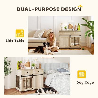 Dog Crate Furniture on Wheels, Dog Cage with 2 Drawers, Sliding Door, for Medium Large Dogs, Oak Tone