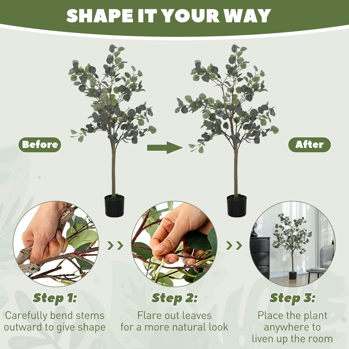 Set of 2 Decorative Artificial Tree, 4ft/ 120cm Silk Eucalyptus Trees with 230 Silver Dollar Leaves in Pot
