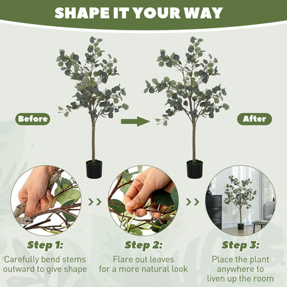 Set of 2 Decorative Artificial Tree, 4ft/ 120cm Silk Eucalyptus Trees with 230 Silver Dollar Leaves in Pot
