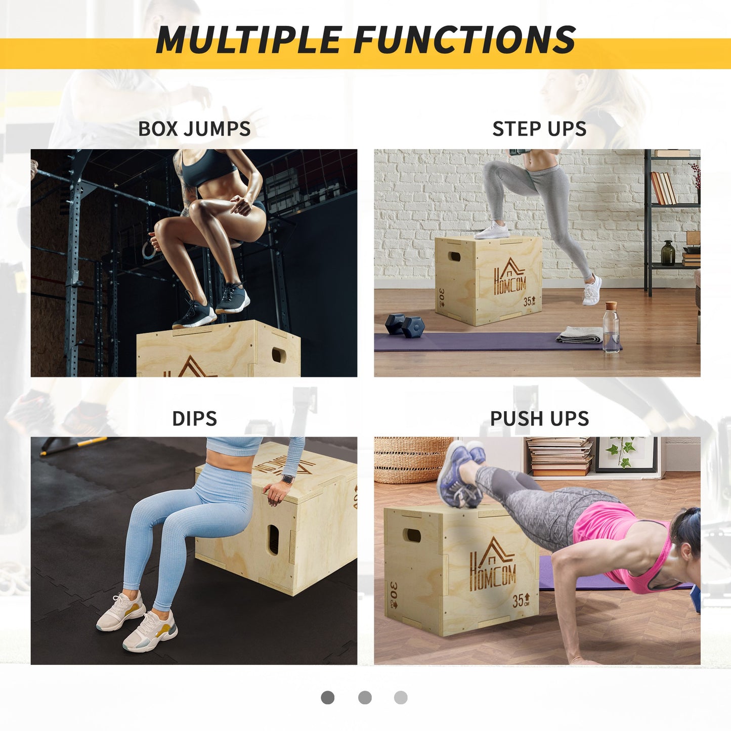3-in-1 Wooden Plyo Box, Plyometric Jump Box with Handle Openings for Home Gym, 12" x 14" x 16", Natural