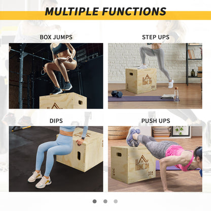 3-in-1 Wooden Plyo Box, Plyometric Jump Box with Handle Openings for Home Gym, 12" x 14" x 16", Natural