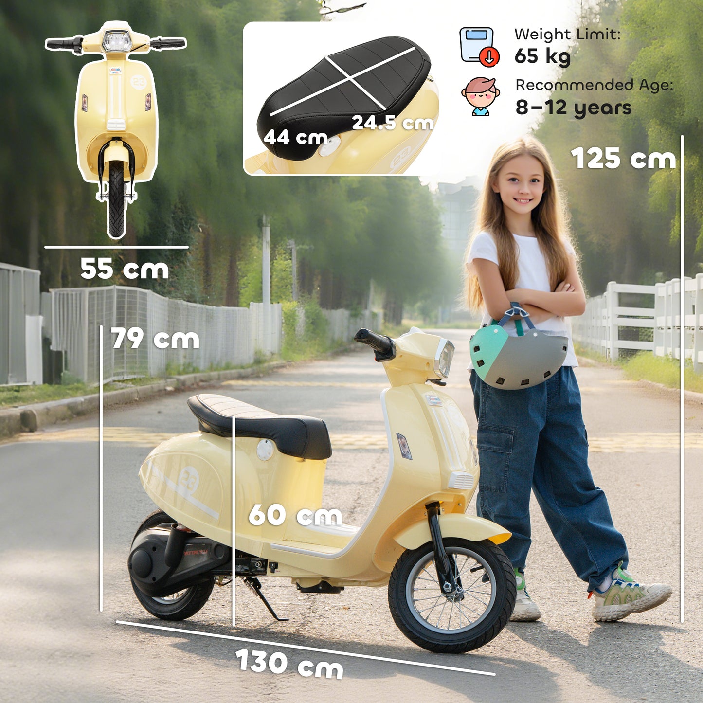 24V Kids Electric Motorbike, Ride on Motorcycle with Manual Throttle, Brakes and LED Lights for Ages 8-12 Years, Beige