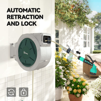 Retractable Hose Reel Wall Mounted, 30+2m Garden Hose Pipe Reel with Lock, Auto Rewind, 7 in 1 Spray Nozzle