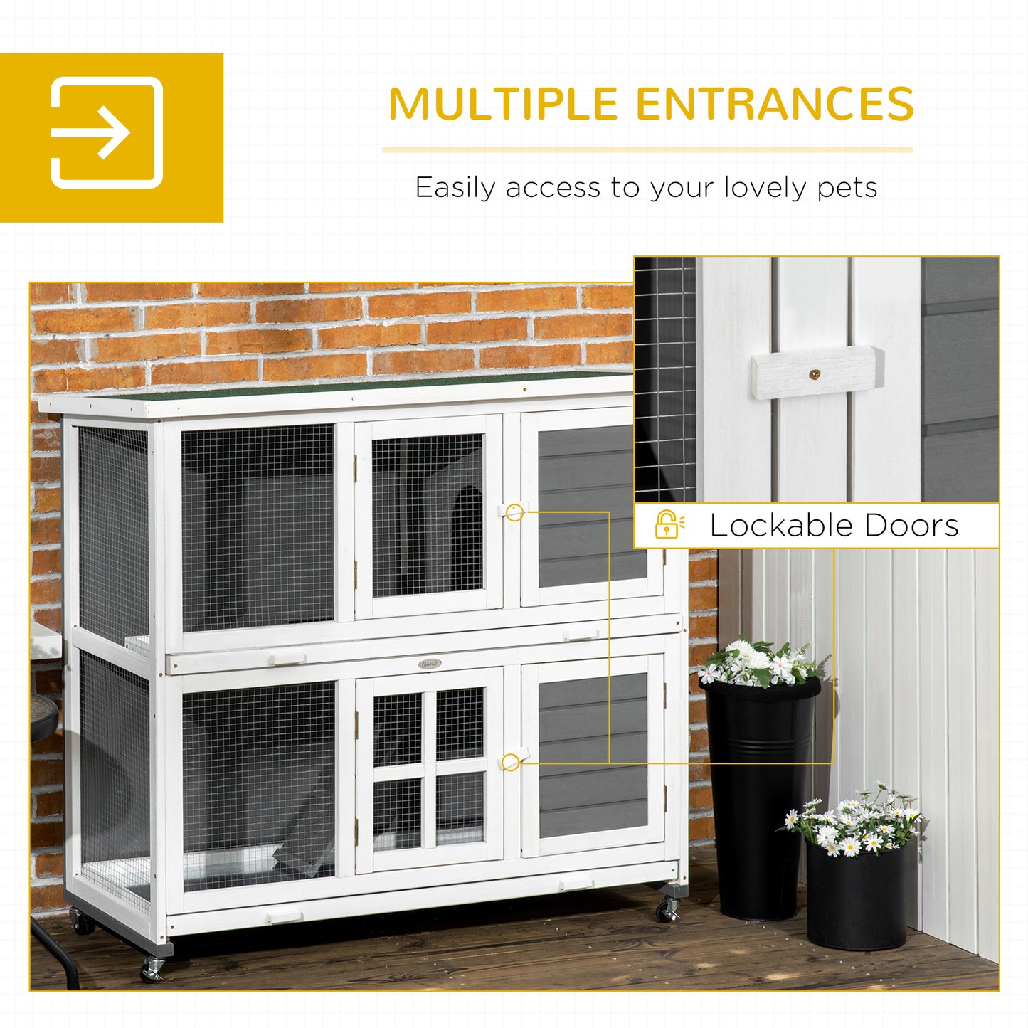 Wooden Rabbit Hutch, Two-Tier Guinea Pig Cage, with Removable Tray, Wheels