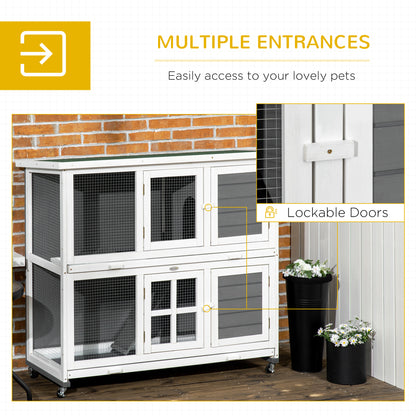 Wooden Rabbit Hutch, Two-Tier Guinea Pig Cage, with Removable Tray, Wheels