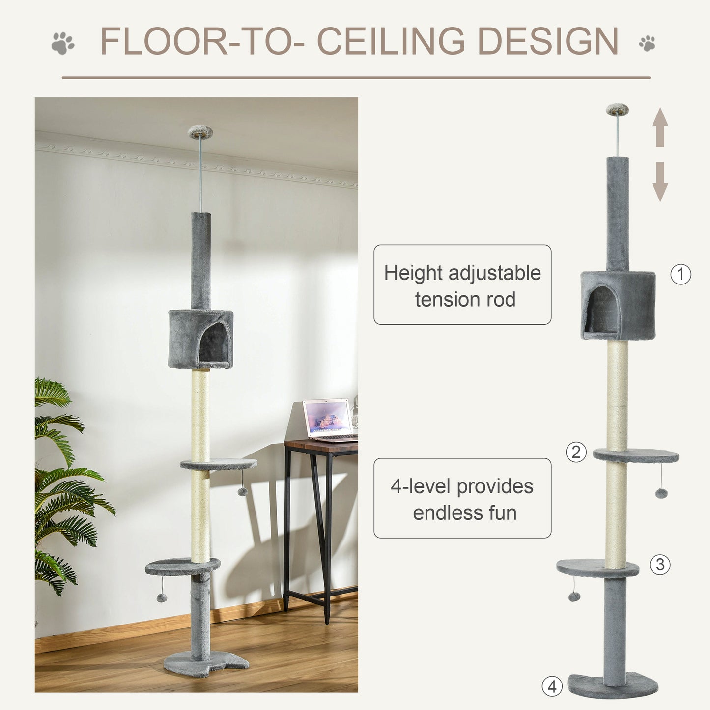 Floor to Ceiling Cat Tree for Indoor Cats, Kitten Tower, Condo, Multi-Layer Activity Center