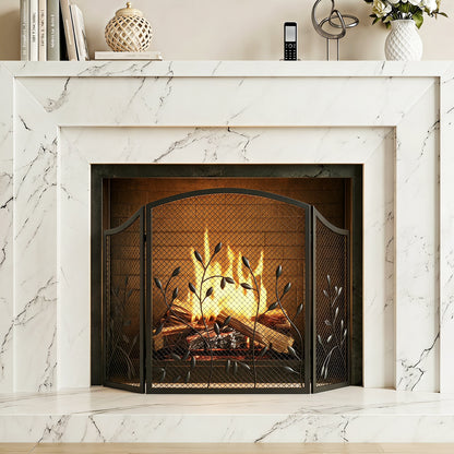 3-Panel Folding Fireplace Screen for Hearth Protection, Heat-Resistant Metal Fire Spark Guard, Black