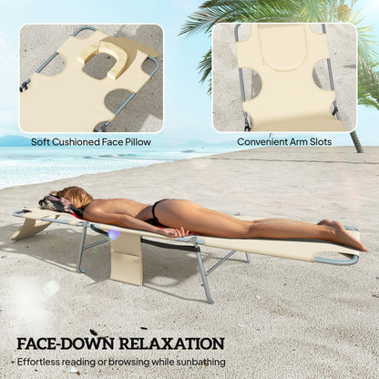 5-Position Adjustable Sun Loungers Set of 2 with Reading Hole and Side Pocket, Beige