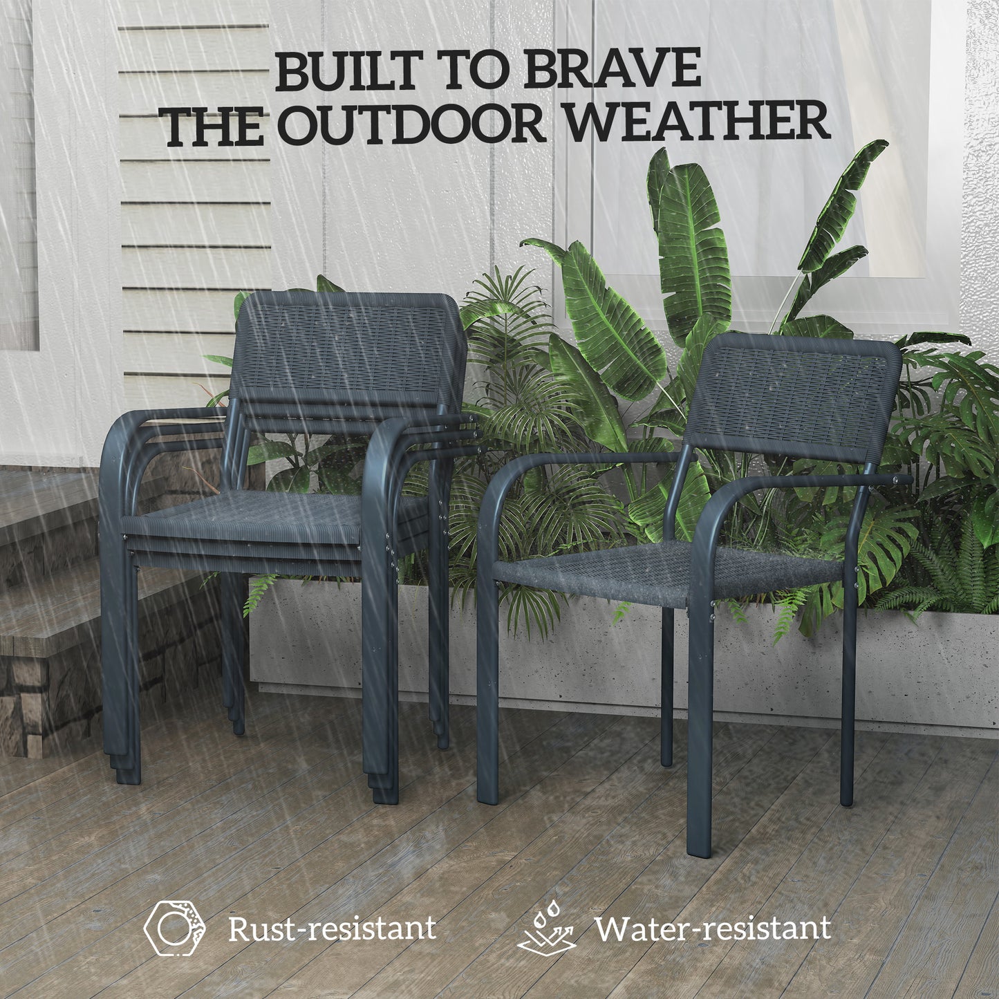 Garden Chairs Set of 4, Stackable Rattan Effect Dining Chairs with Armrest