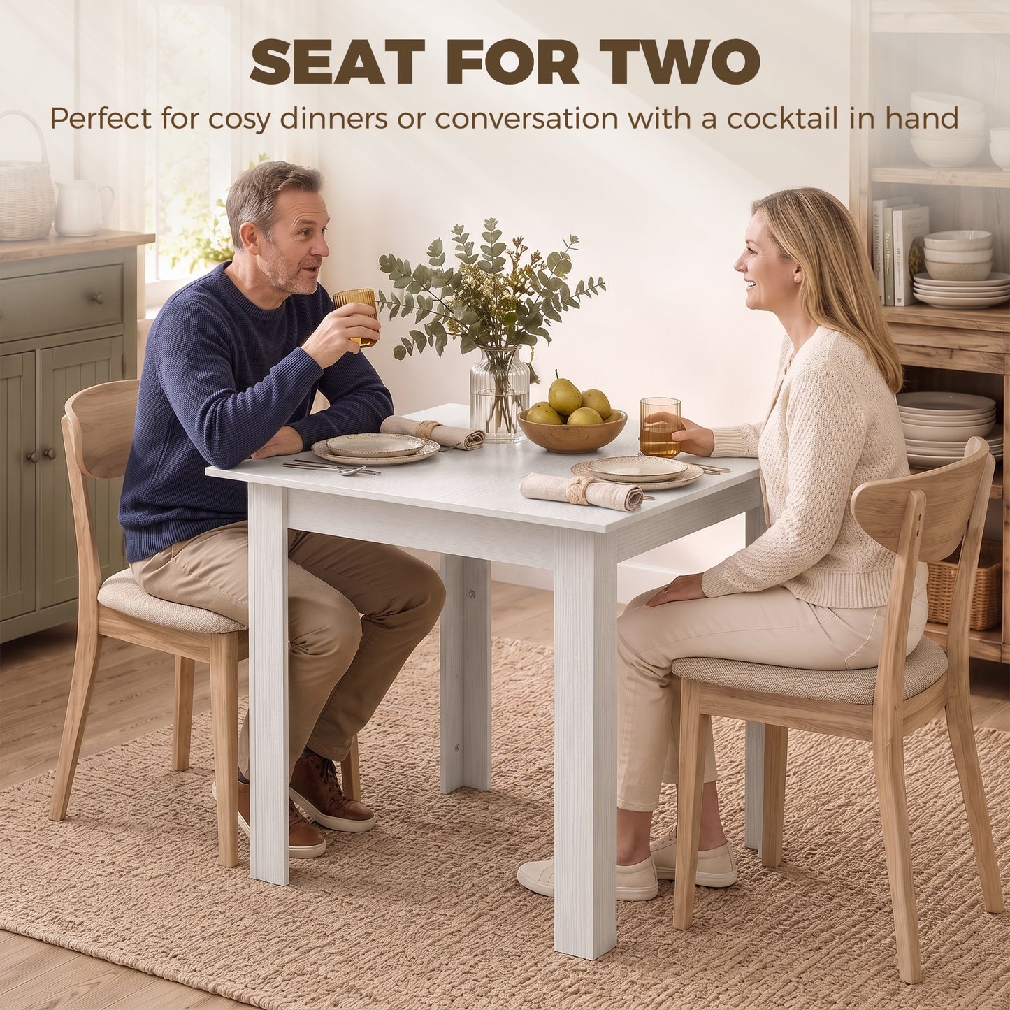 Square Dining Table, Modern Small Dining Table with Wood Effect, Space Saving, Non-slip Foot Pads, White
