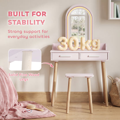Kids Dressing Table, Girls Vanity Set with Stool, 3-Colour LED Lights Mirror, Large Drawer for Ages 3-8, Pink
