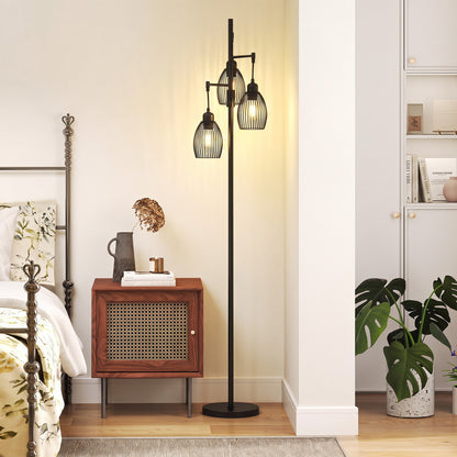 3-Light Floor Lamp, 170cm Industrial Dimmable Standing Lamp with Steel Wire Cage Lampshades for Living Room, Bedroom