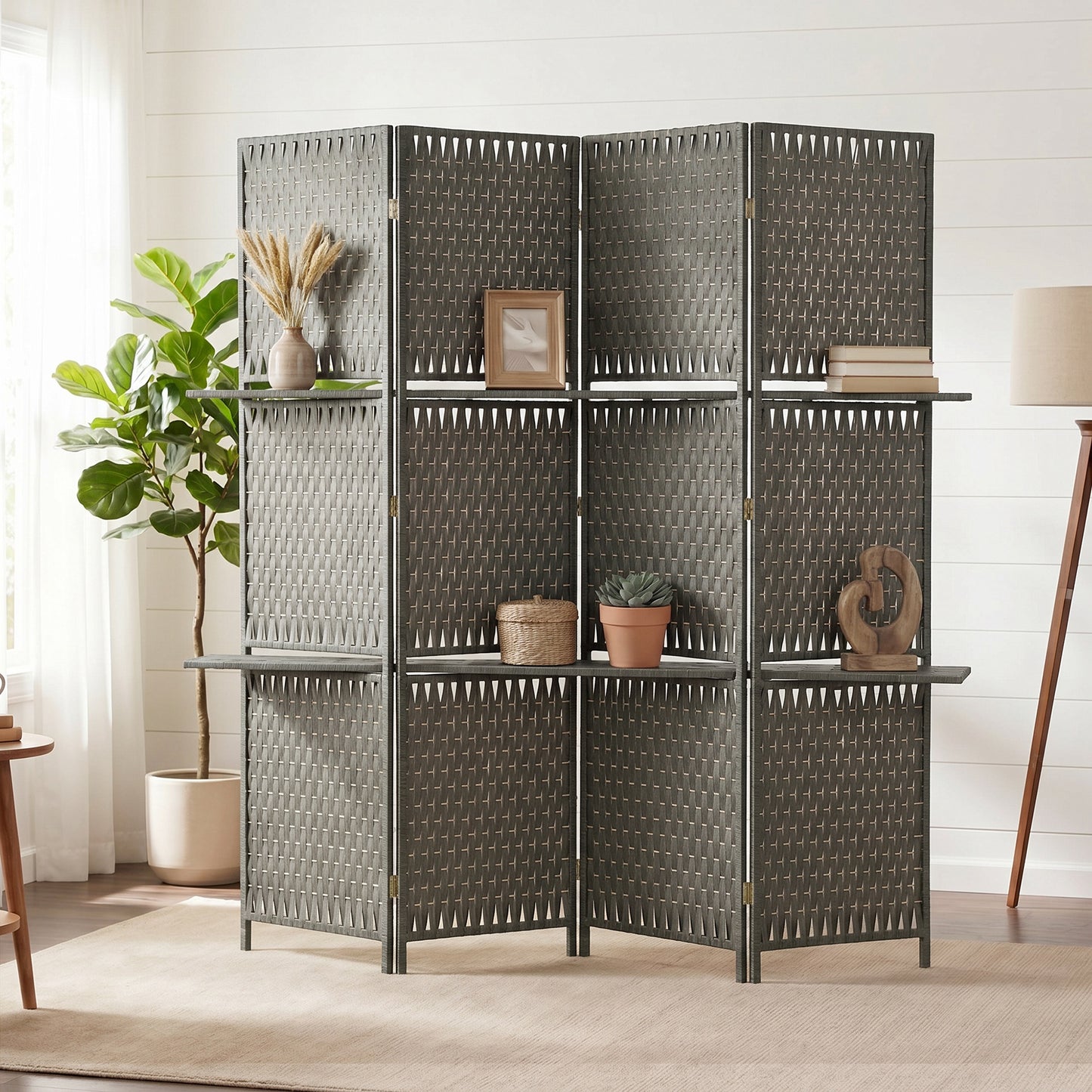 Wave Fibre Freestanding Folding Privacy Screen Panels, Room Divider, Grey