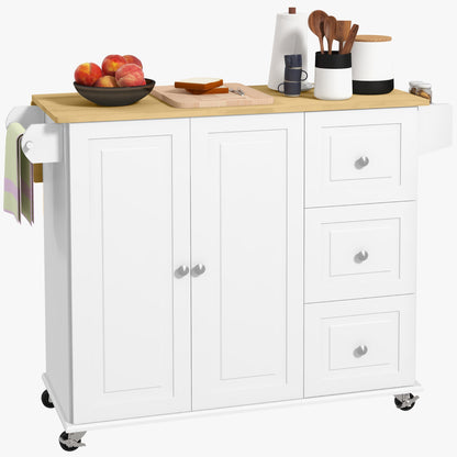 Kitchen Island with Drop Leaf, Rolling Kitchen Storage Trolley on Wheels with 3 Drawers, Spice Rack and Towel Rack