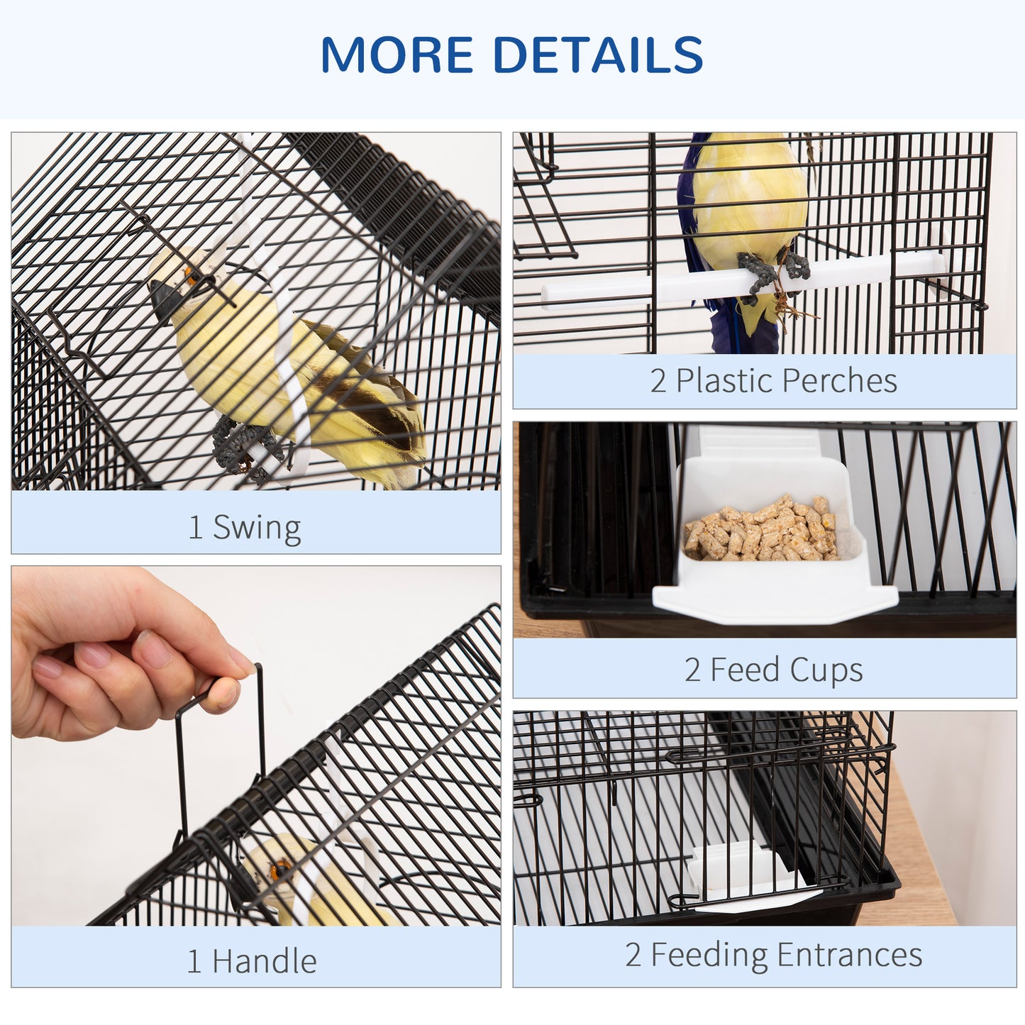 Metal Bird Cage for Finch, Canary w/ Food Containers, Swing Ring, Tray, Handle, 39 x 33 x 47cm