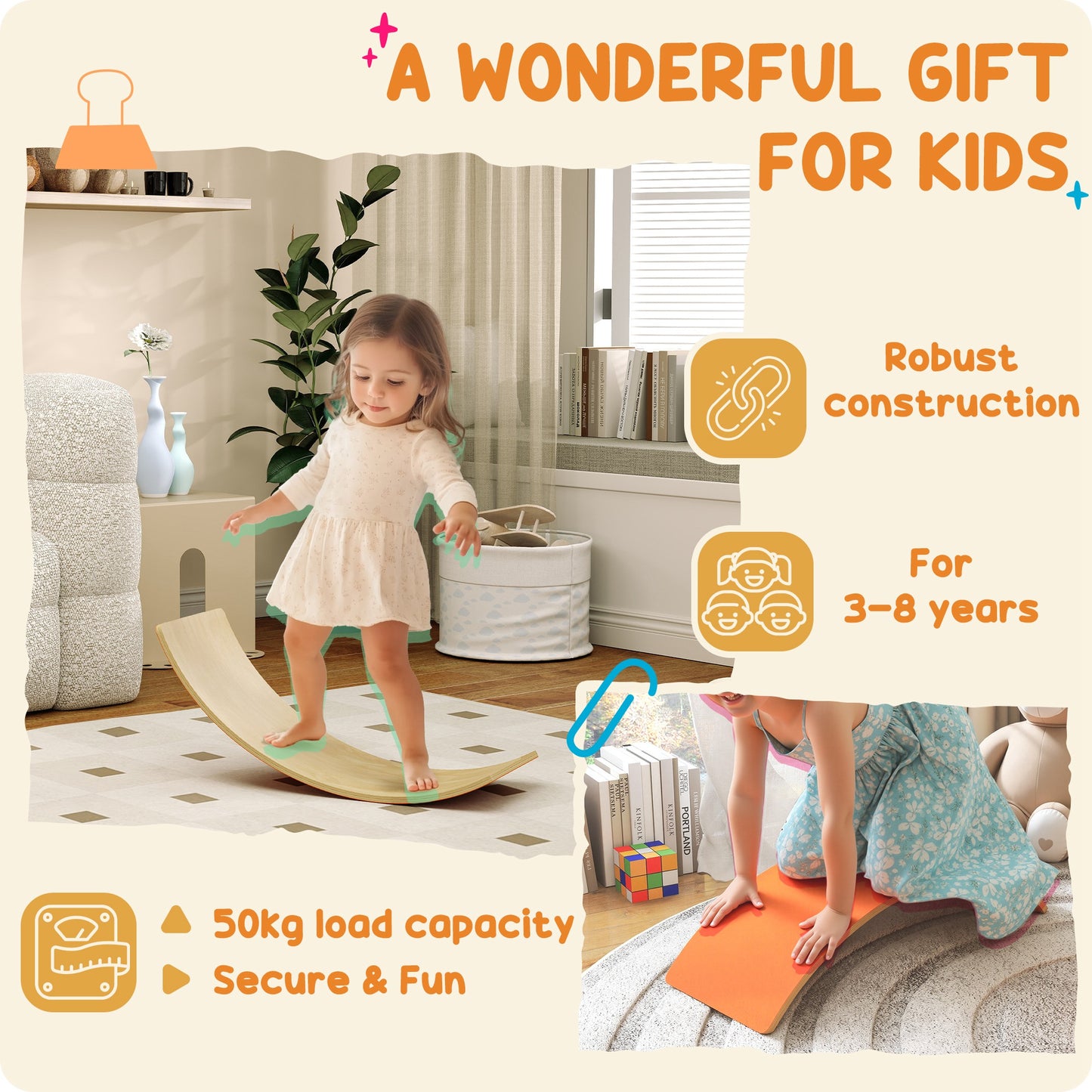 Wooden Balance Board for Kids, Wobble Board with Silent Felt for Sensory Play, Orange