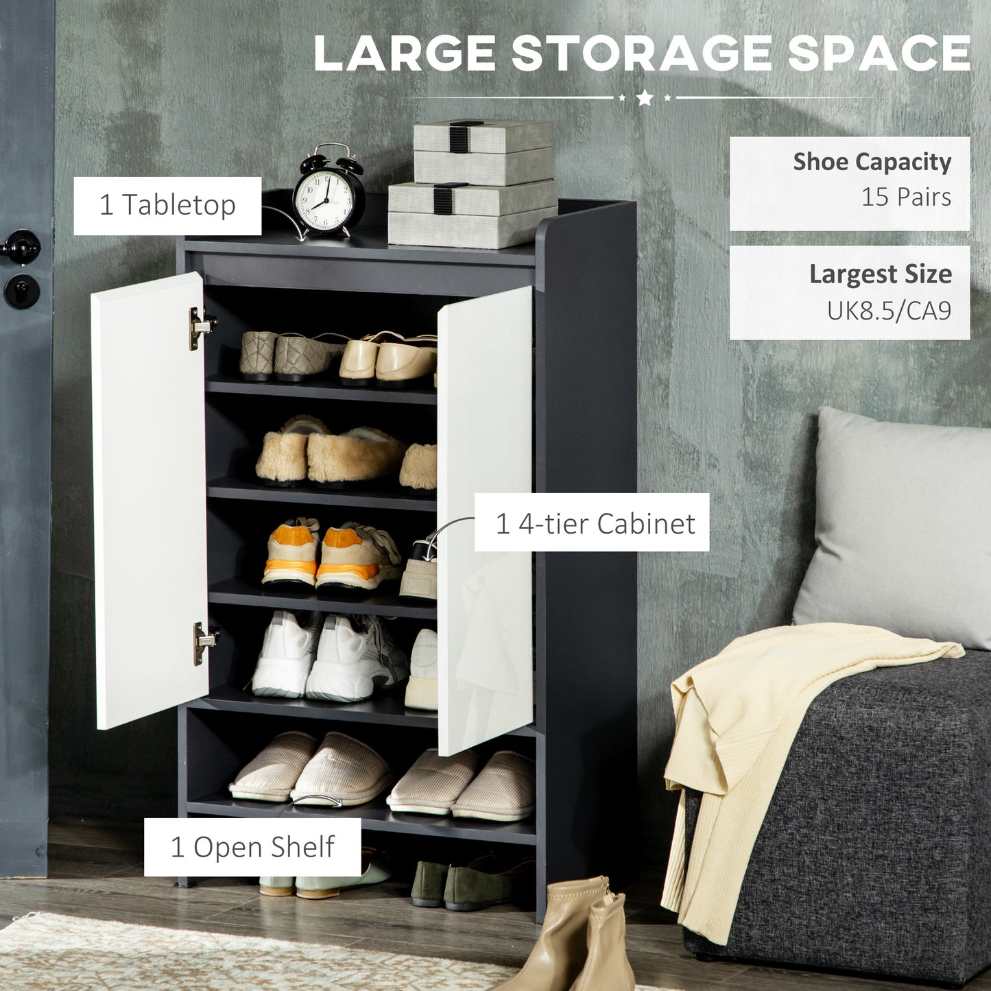 High Gloss Shoe Cabinet with White Doors and Open Shelves, Hallway Shoe Cupboard Storage Organiser for 15 Pairs of Shoes