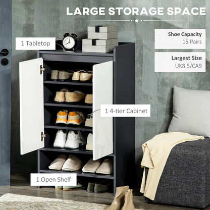 High Gloss Shoe Cabinet with White Doors and Open Shelves, Hallway Shoe Cupboard Storage Organiser for 15 Pairs of Shoes