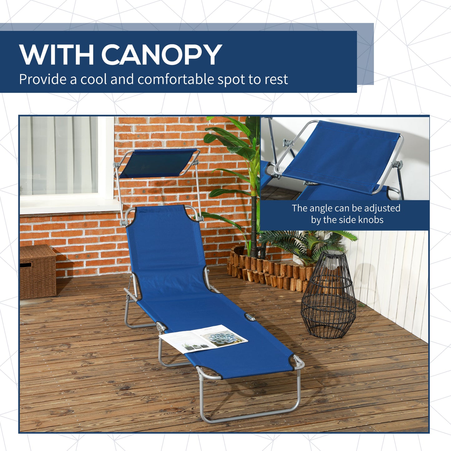 Folding Sun Lounger Set of 2 with Canopy, Reclining Sunbed with 4-Position Adjustable Backrest, 600D Oxford Cloth