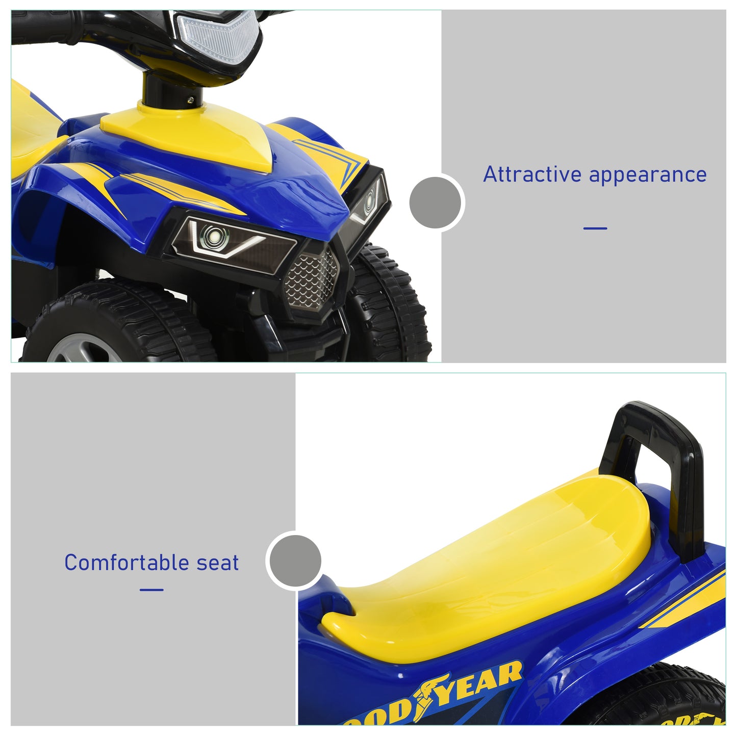 Baby Quad Bike Kids Ride On Car Goodyear Licensed Walker Foot To Floor Slider NO POWER w/ Lights Horn Storage Blue for 18-36