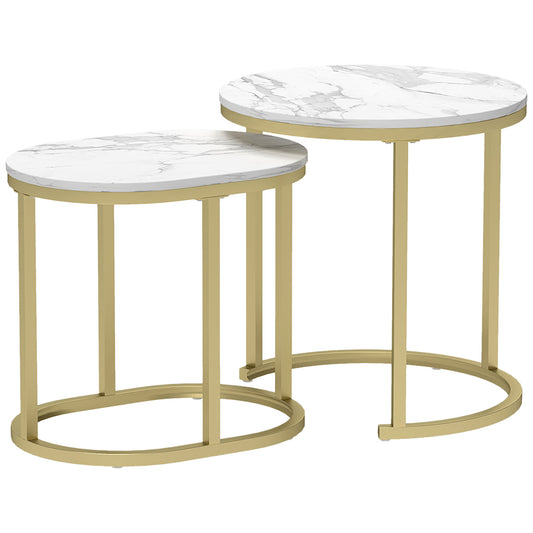 Nest of Tables with Steel Frame and Faux Marble Tabletop, Modern Coffee Table Set of 2, Gold Tone/White