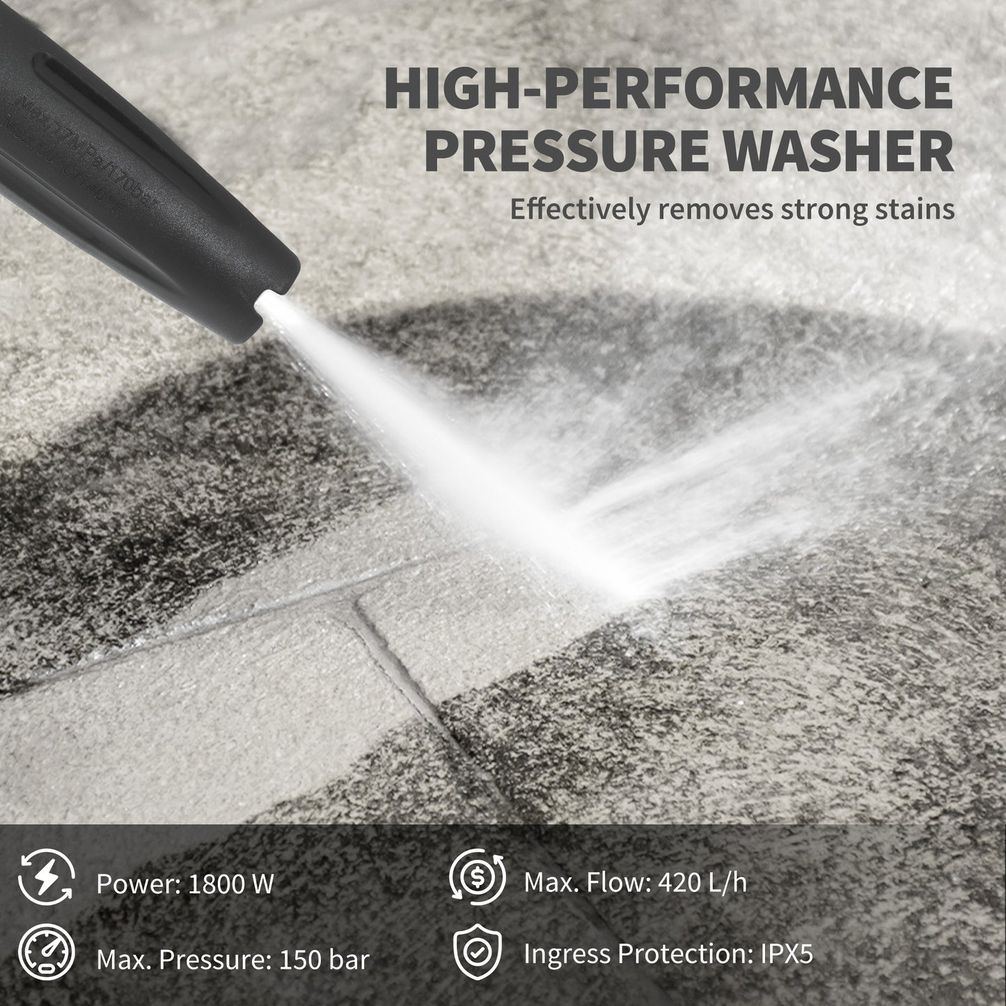 1800W High Pressure Washer, 150 Bar Pressure, 420 L/h Flow, Portable Power Washer Jet Wash Cleaner with Adjustable Nozzle