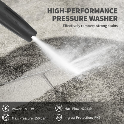 1800W High Pressure Washer, 150 Bar Pressure, 420 L/h Flow, Portable Power Washer Jet Wash Cleaner with Adjustable Nozzle
